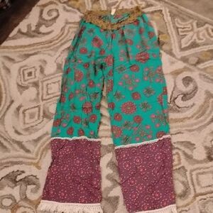 NATURAL LIFE Live Happy 😊 Green and Purple Floral Wide Leg Pants. Tassel Hem...